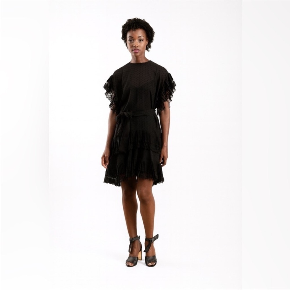 Zimmermann Sheer Mini Dress Swiss Dot Tiered Flutter Sleeve Ruffle Black Size 6